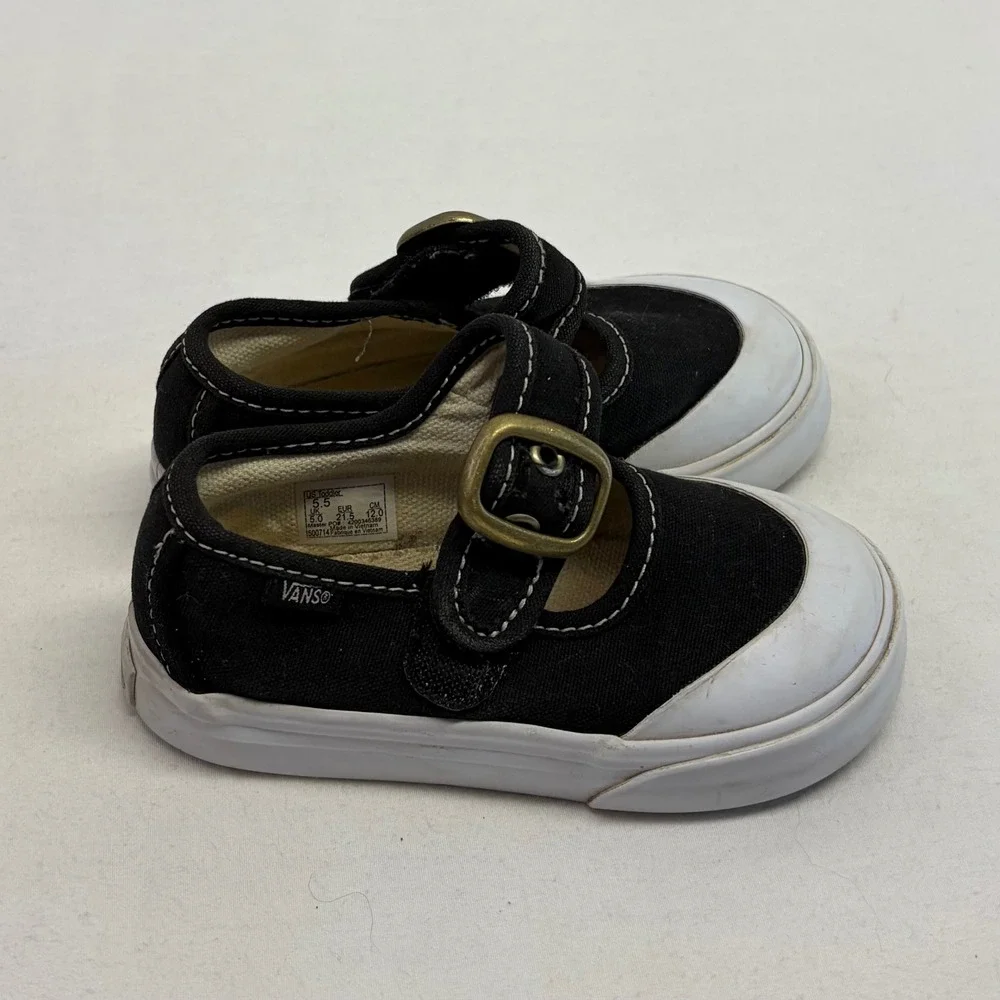 Vans Mary Jane Toddler 5.5 Black White Canvas Buckle Strap Skate Shoes